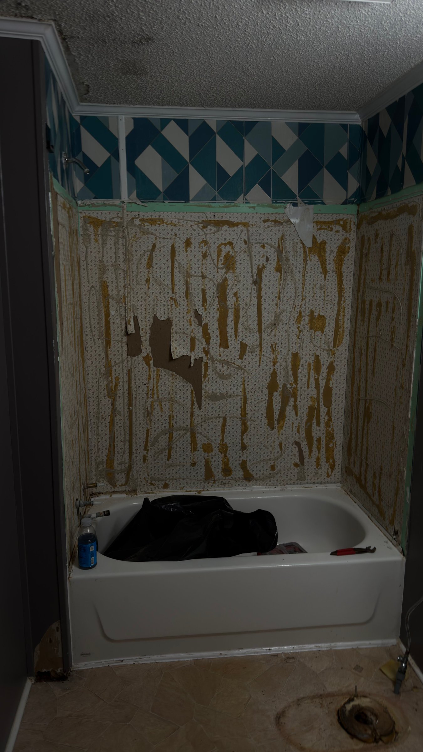 Bathroom tub area during demolition and wall preparation