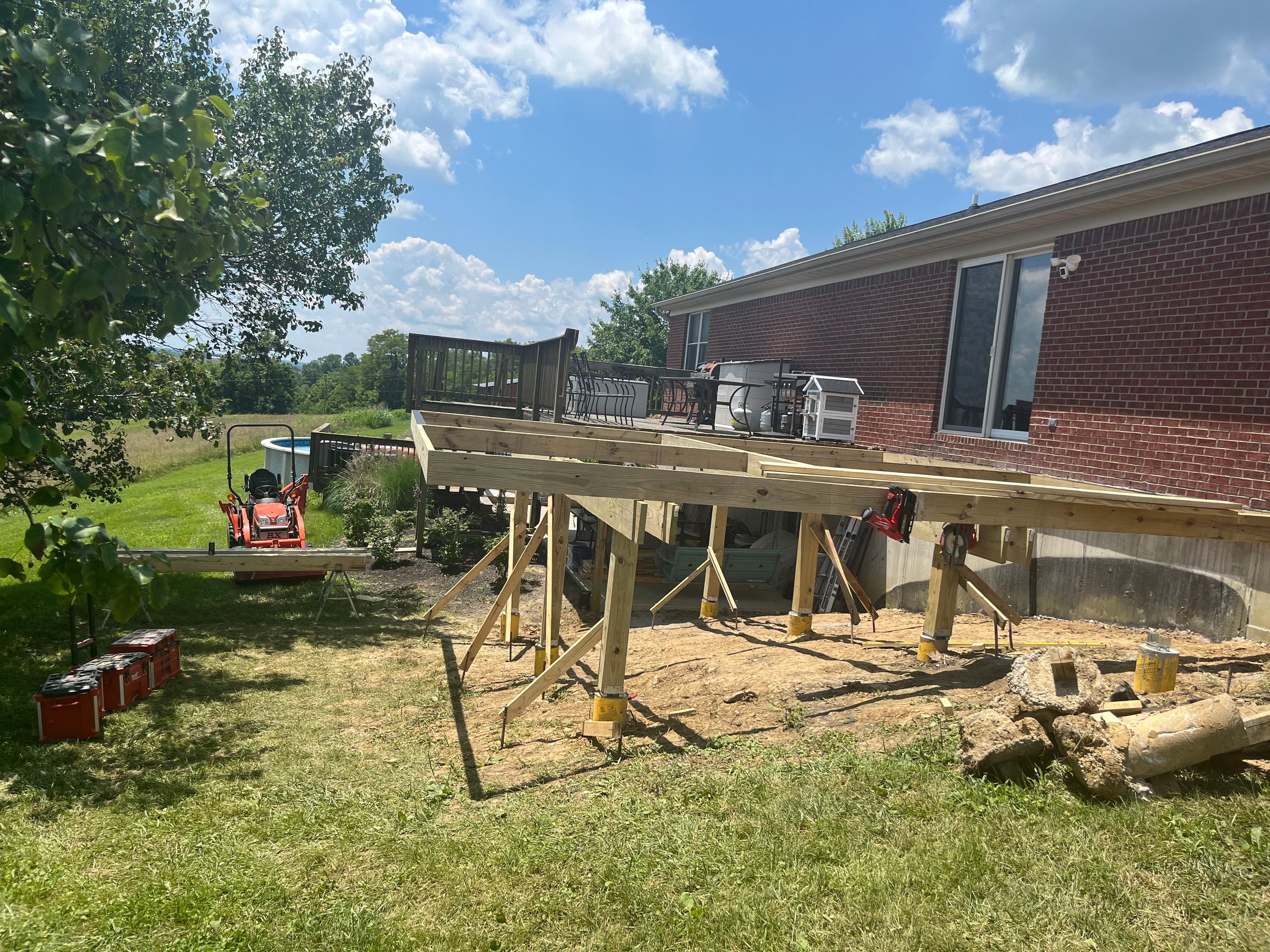 Large deck framing and support posts during construction